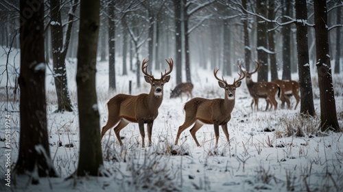 Wallpaper Mural A herd of deer stand in a snowy forest, with two bucks in the foreground looking directly at the camera. Torontodigital.ca