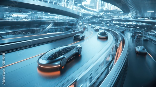 Futuristic City with Autonomous Vehicles on Urban Road