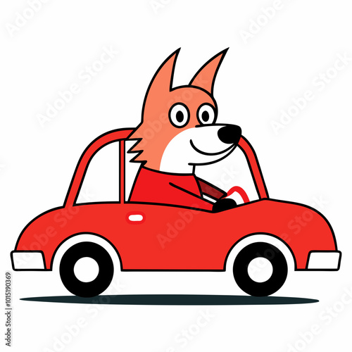 Anthropomorphic Dog driving a red car line art vector illustration