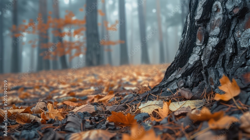 Close-up of a Charred Tree Trunk in a Foggy Autumn Forest Close-up of a Charred Tree Trunk in a Foggy Autumn Forest