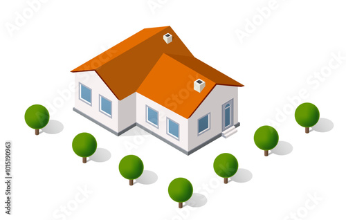 Modern house with orange roof and white facade surrounded by trees in isometric view