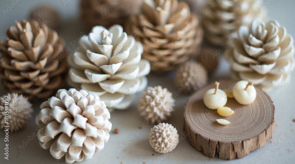 A variety of pine cones and organic shapes rest on a wooden surface, highlighting their intricate details and earthy tones, illuminated by gentle lighting A variety of pine cones and organic shapes rest on a wooden surface, highlighting their intricate details and earthy tones, illuminated by gentle lighting