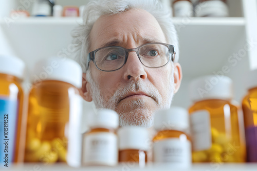 Middle-Aged Man Examining Pill Bottles in His Medicine Room | Health Management and Wellness Awareness