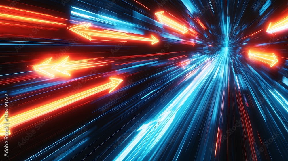 Abstract futuristic background with glowing neon arrows and light streaks. Abstract futuristic background with glowing neon arrows and light streaks.