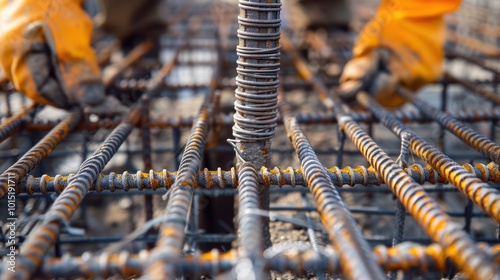 Close-up of Rusting Rebar in Construction Framework photo