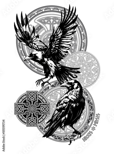 Ancient Celtic Cross Symbol and Patterns with Mythical Black Ravens Illustration. Tattoo Design