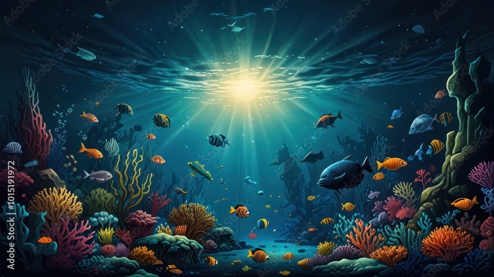 Naklejka premium realistic illustration of underwater life filled with sea creatures