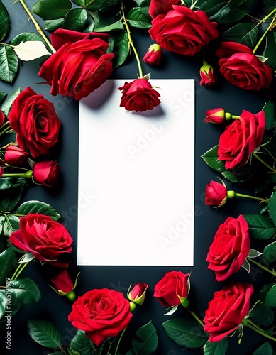 Surrounded by lush green leaves, a blank card lies among beautiful red roses, creating a romantic atmosphere enhanced by soft lighting, ideal for special messages. Generative AI