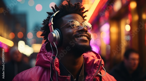 Black man enjoying music in neon city lights.