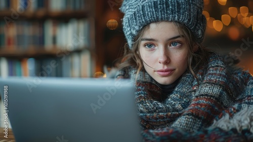 Wrapped in a warm scarf and hat, a young woman immerses herself in her laptop amidst the comforting glow of library lights, reflecting winter warmth