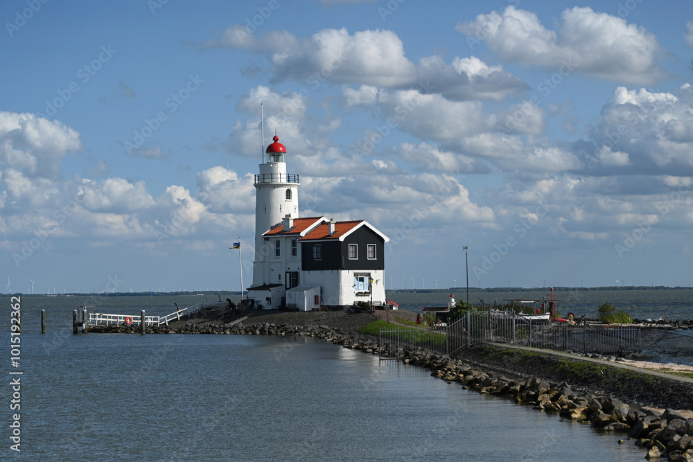 The Horse of Marken lighthouse (Paard van Marken) on the Dutch peninsula Marken, on the IJsselmeer. Lighthouse Paard van Marken was built in 1839. The Horse of Marken lighthouse (Paard van Marken) on the Dutch peninsula Marken, on the IJsselmeer. Lighthouse Paard van Marken was built in 1839.