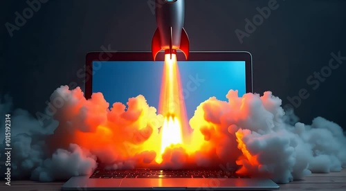 Rocket launch and taking off from laptop screen. Business Start up, Launching new product and service. a start up launch new business project.