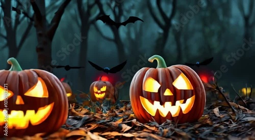 Scarecrow standing in front of a full moon, in a halloween pumpkin patch background, in a spooky night scene	