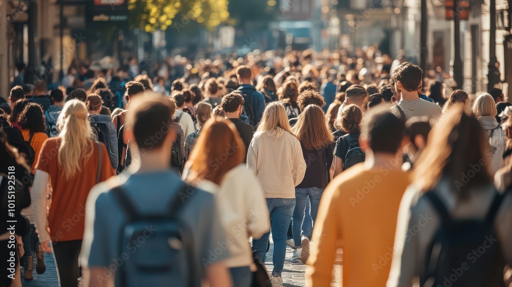 Busy Street Scene with Diverse Crowd of People