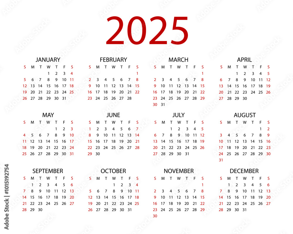 Calendar for 2025. Year, months, weeks and days with weekdays in English. Design for business management. Vector template on white background Calendar for 2025. Year, months, weeks and days with weekdays in English. Design for business management. Vector template on white background