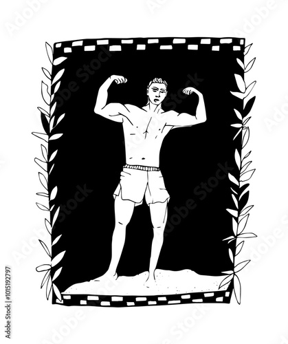 Jeune homme musclé victorieux les poings levés, illustration retro en noir et blanc avec ornements de feuilles de lauriers et de damiers