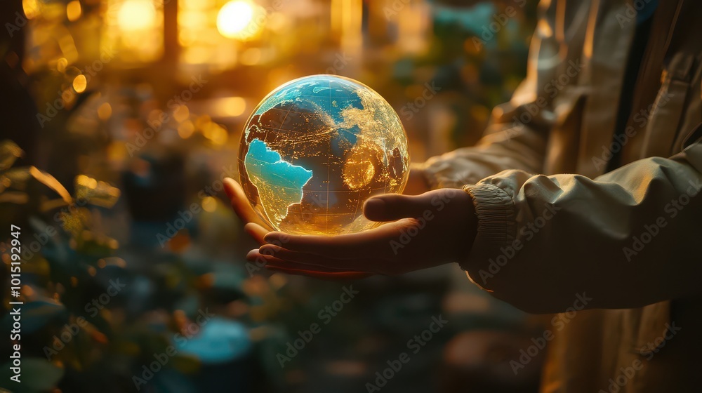 Fototapeta premium Hand Holding a Glowing Earth Model in Nature