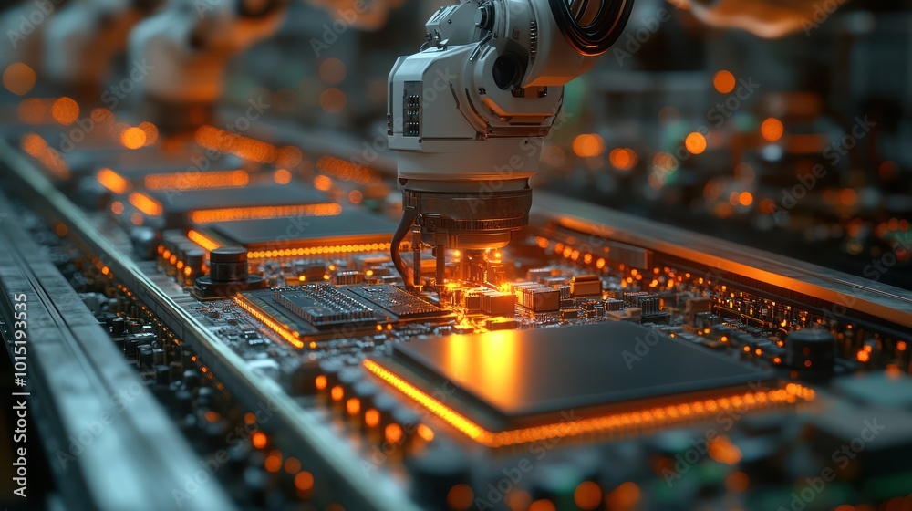 A robotic arm works on a circuit board on an assembly line. A robotic arm works on a circuit board on an assembly line.