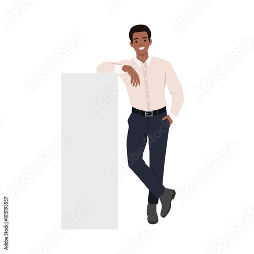 Young man in a casual shirt leaning on wall. Flat vector illustration isolated on white background