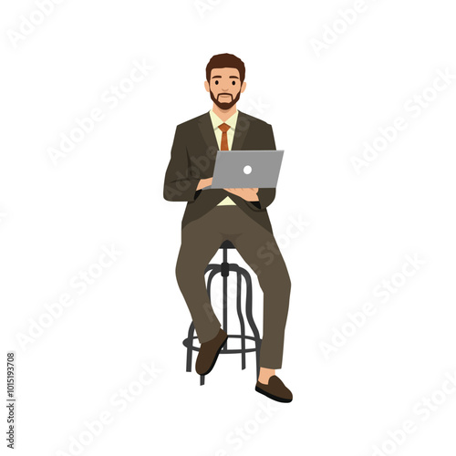 Young businessman Creative Outsourced Employee Sitting on Chair Working on Laptop. Flat vector illustration isolated on white background