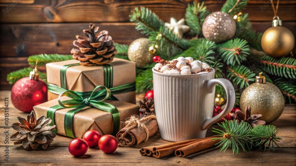 Cozy holiday setting with a red mug filled with marshmallows surrounded by pinecones and Christmas gifts. Cozy holiday setting with a red mug filled with marshmallows surrounded by pinecones and Christmas gifts.