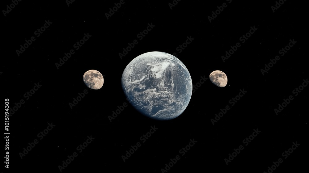 Fototapeta premium An artistic representation of Earth with two moons in space against a black background