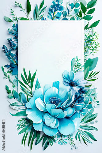 Elegant wedding invitation mockup decorated with beautiful blue watercolor flowers and lush greenery. Blank save the date card with copy space