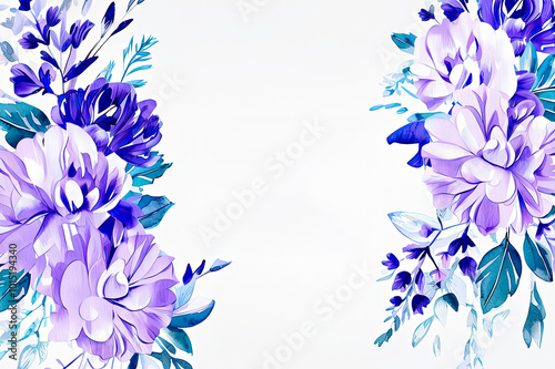 Beautiful watercolor purple flowers border. Floral design elements for wedding and party invitations with copy space
