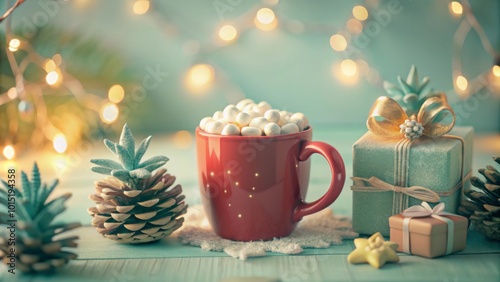 Cozy holiday setting with a red mug filled with marshmallows surrounded by pinecones and Christmas gifts.  photo