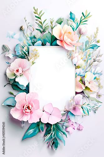 Luxurious elegant wedding invitation with beautiful watercolor flowers. Blank card with space for text and delicate floral frame in pastel colors