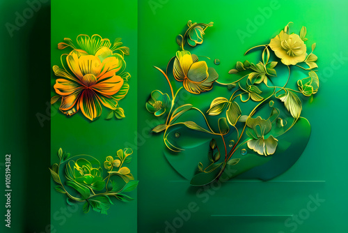 Bright ornate floral ornament on green background. Floral design elements, vignette for wedding and party invitations with copy space