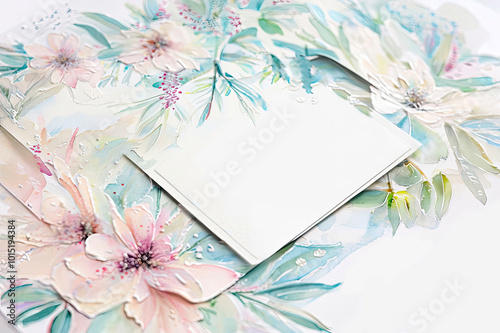 Luxurious wedding invitation card with beautiful painted flowers. Delicate volumetric flowers in pastel colors