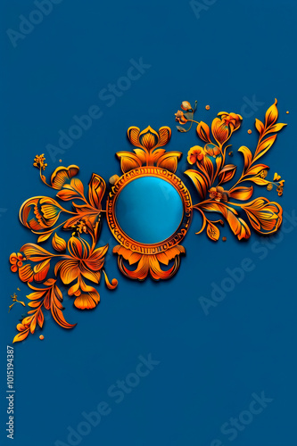 Bright ornate floral ornament on blue background. Floral design elements, vignette for wedding and party invitations with copy space