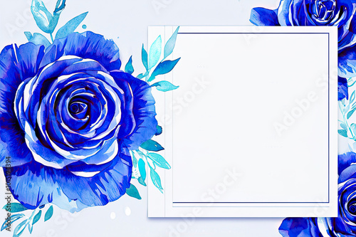 Gorgeous watercolor blue rose on border of blank card for writing text. Bright floral wedding invitation decor