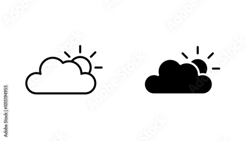 Partially cloudy vector icon set in black and white color.