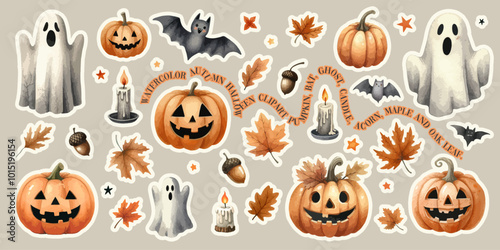 Watercolor Halloween elements and pumpkins on the white background.