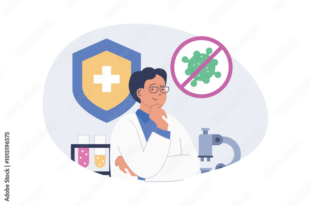 Medical concept in modern flat design for web. Man work in laboratory, making virus research with test tubes and microscope, creating medicines for pharmacy or clinic analysis. Vector illustration. Medical concept in modern flat design for web. Man work in laboratory, making virus research with test tubes and microscope, creating medicines for pharmacy or clinic analysis. Vector illustration.