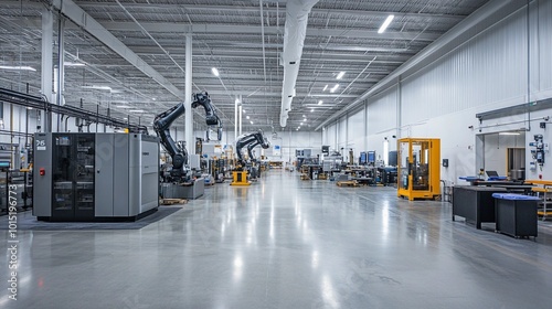 Obraz na płótnie Modern industrial production facility, heavy-duty machinery, robotic arms, assembly lines, concrete floors, well-lit and functional space w salonie