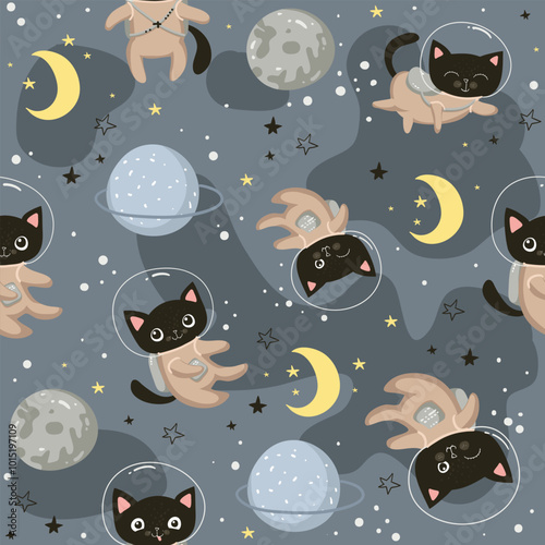 Cute seamless pattern kawaii Black Cat Astronaut in Space. Cartoon animals background. Vector Illustration EPS 10