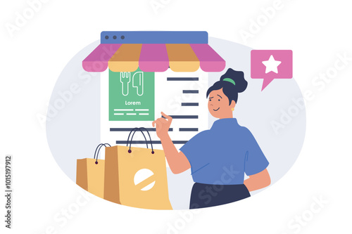 Mobile commerce concept in modern flat design for web. Woman with shopping bags making online order in internet store, making food purchases using smartphone app with payment. Vector illustration.