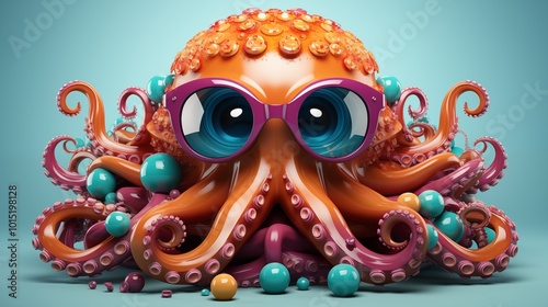 Cartoon colorful octopus with sunglasses on isolated background.