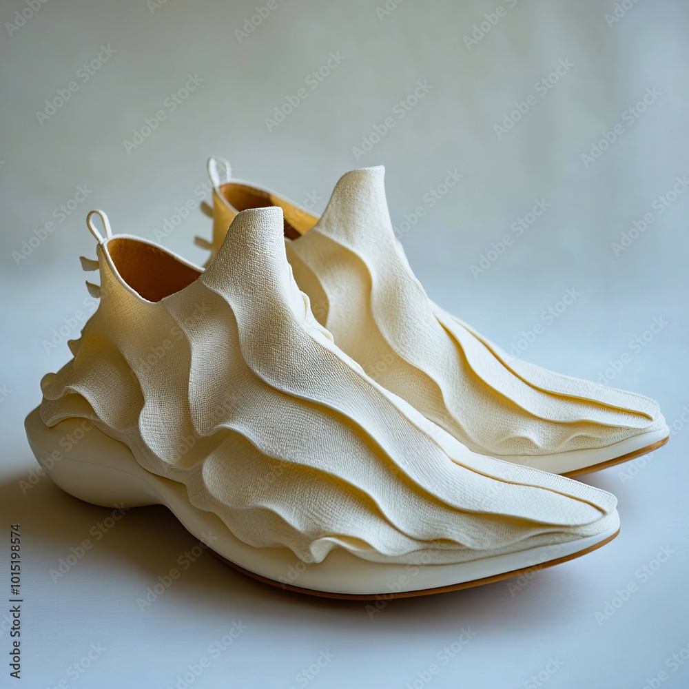 A pair of white shoes with ruffles on them on a white surface A pair of white shoes with ruffles on them on a white surface