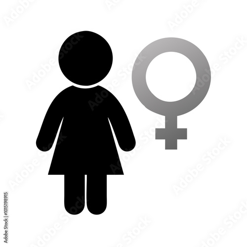 Black female figure with gender symbol on white background.