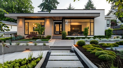 A minimalistic house with a smooth grey stucco exterior, large windows, and a front yard with a simple, elegant garden featuring decorative stones