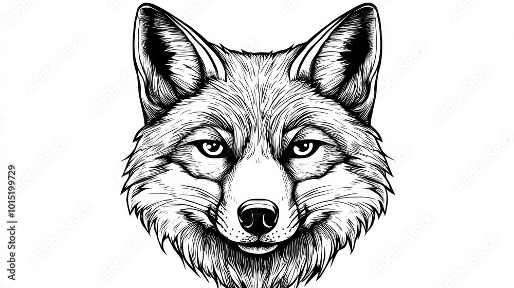 Fototapeta premium Detailed Portrait of a Fox Head in Black and White, Hand-Drawn Illustration for Design