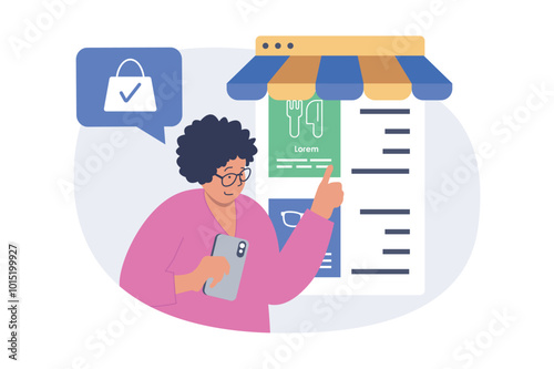 Mobile commerce concept in modern flat design for web. Woman choosing food products in menu of internet store, making online purchases in smartphone application with safe paying. Vector illustration.