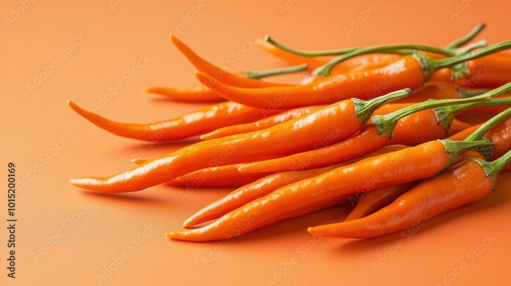 A group of orange chili peppers with green stems on a bright orange background. A group of orange chili peppers with green stems on a bright orange background.