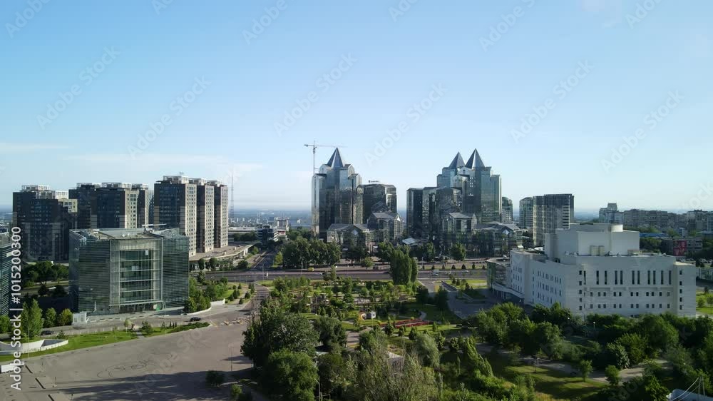View of the buildings on Al-Farabi Avenue. Office buildings of the financial center of Almaty View of the buildings on Al-Farabi Avenue. Office buildings of the financial center of Almaty