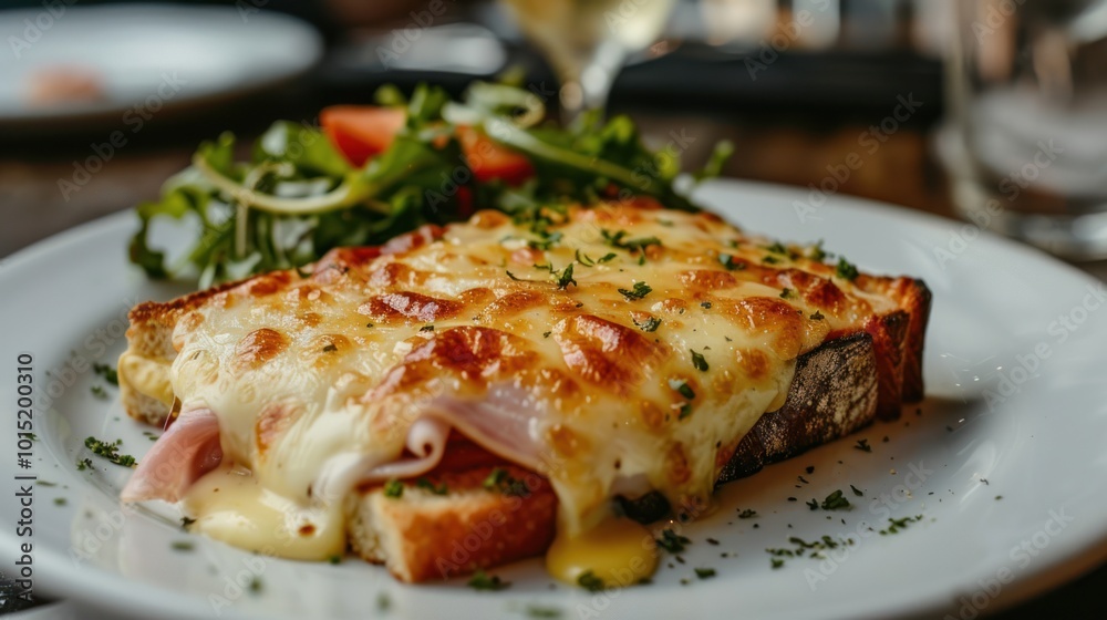 Close-up of a Golden-Brown Croque Monsieur with Ham and Melted Cheese on a White Plate Close-up of a Golden-Brown Croque Monsieur with Ham and Melted Cheese on a White Plate