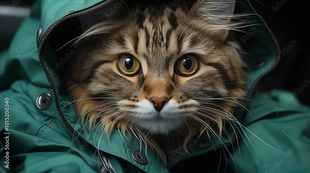 Cat wrapped in green jacket looking curiously at the camera. Cat wrapped in green jacket looking curiously at the camera.